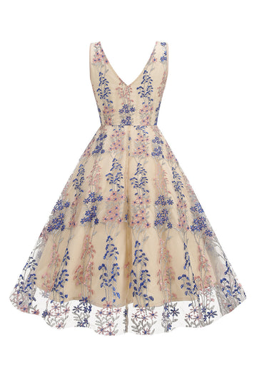 Vestido brillante con mangas de flores de albaricoque Swing de la década de 1950
